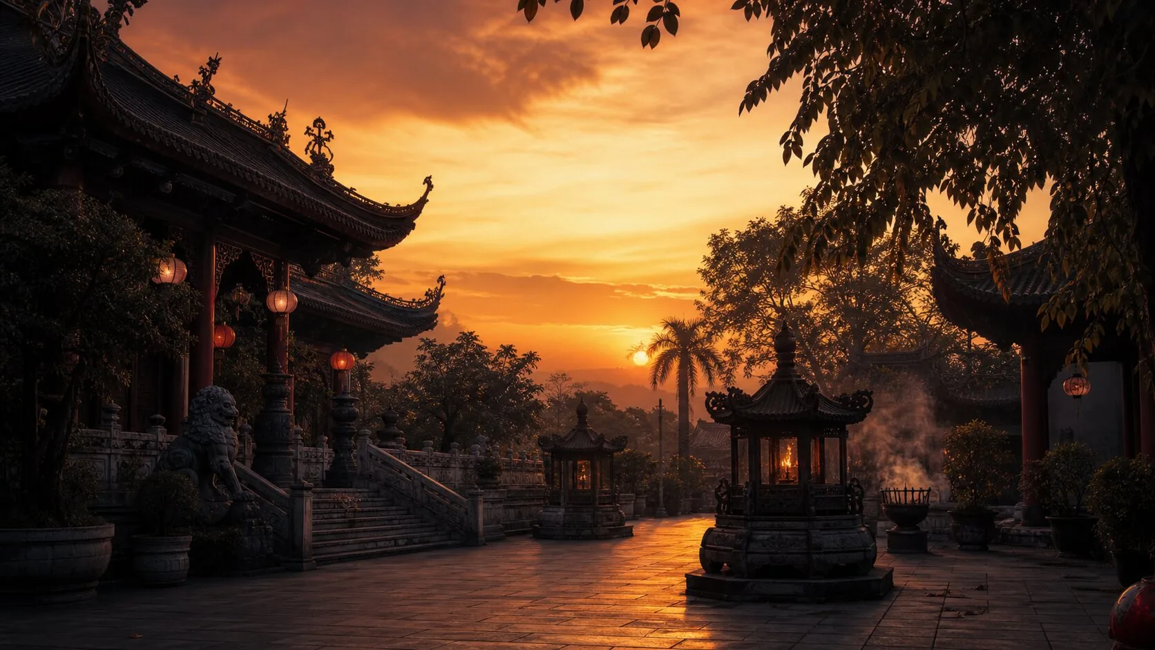 夕阳中的道观山门